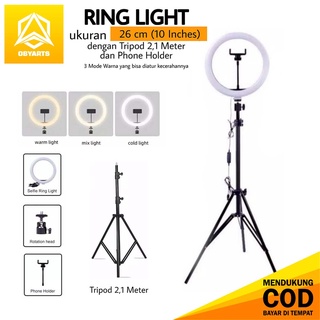 1 Set Ring Light 26cm 10 Inches + Tripod 2,1 Meter + Holder Hp Lampu Selfie Lingkaran 3 Mode Warna Ringlight 26 cm / 10 Inch