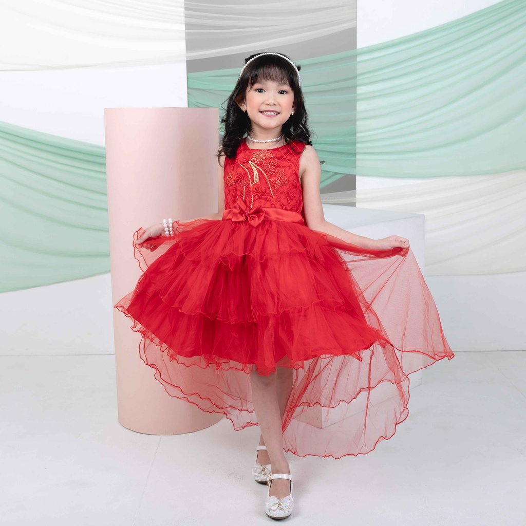 Zelda Dress Anak Perempuan Satin Tilla Ruffle Pita Elegan (1663)