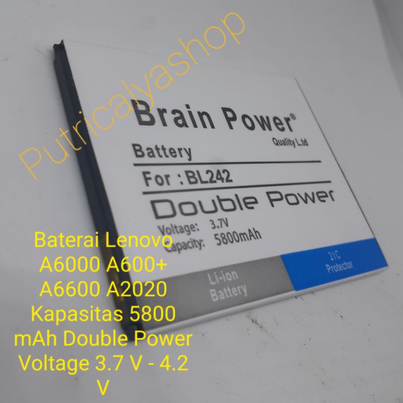 BATERAI BATREY BATTREY LENOVO A2020 A6000 A6000+ Kapasitas 5800 mAh Double Power BL242