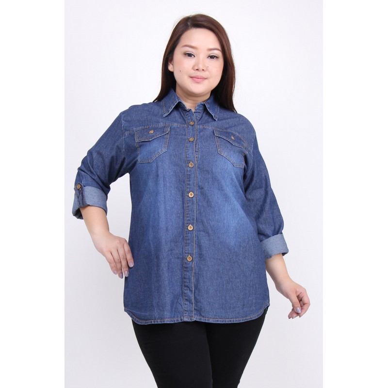 Atasan Wanita Kemeja Jeans / Kemeja Jeans Lengan 3/4 / Kemeja Denim Lengan 3/4 - JSK 3902 Big Size