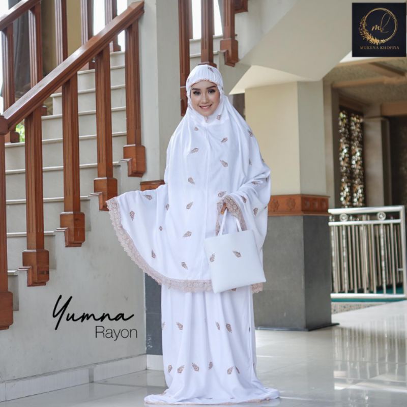 Mukena setelan atas bawah tanpa lengan Mukena potongan rayon putih renda premium