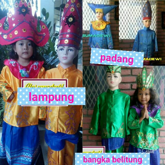 Baju adat nusantara indonesia biru minang kabau/ oren tapanuli/ kuning lampung/ hijau bangka.
