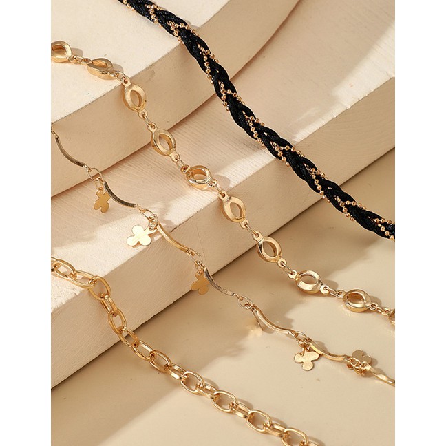 LRC Gelang Kaki Fashion Golden Thick Chain Flower Cord Braided Multilayer Anklet P06602