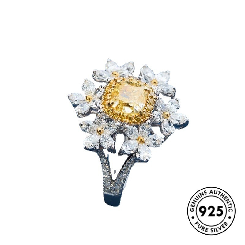 Cincin S925 Silver Desain Bunga Aksen Berlian Warna Kuning