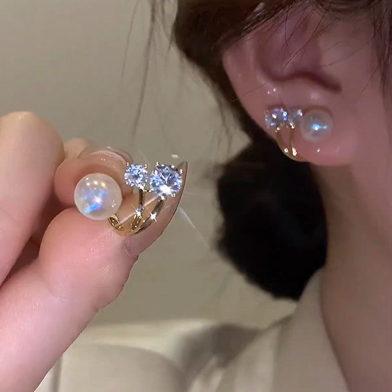 Anting Stud Mutiara Berlian Imitasi Bentuk Geometris Gaya Korea