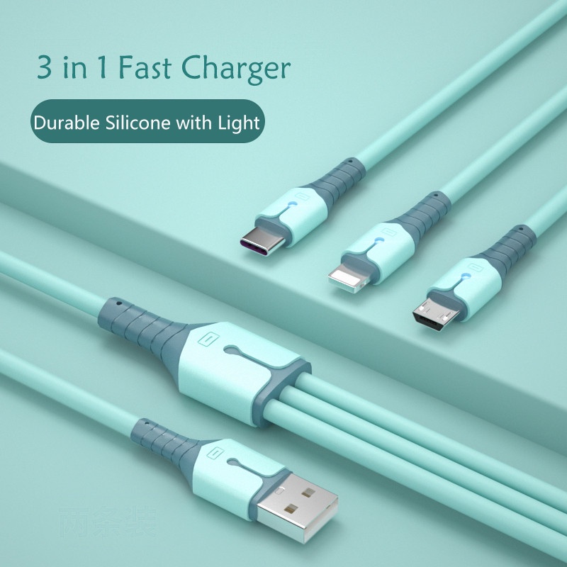 3 In 1 Kabel Charger Micro USB Tipe C Fast Charging Dengan Lampu LED Untuk IPhone / Android