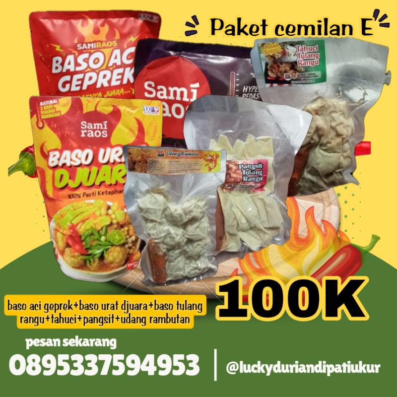 

PAKET CEMILAN E (Baso urat djuara+baso geprek tulang rangu+baso geprek djuara+pangsit tulang rangu+tahuci+udang rambutan)