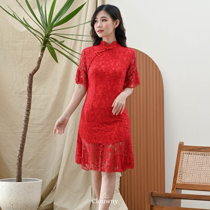 CLOUWNY - Dress Midi Wanita Yoko Lace Dress Premium Lace Furing(E4V3) midi dress putih midi dress ra