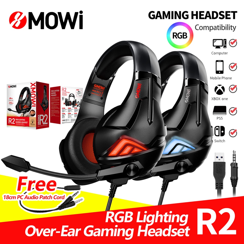 xMOWi R2 RGB Lighting Over-Ear Gaming Headset HiFi Sound Quality Rotary Mic PC Audio Patch Cord For 