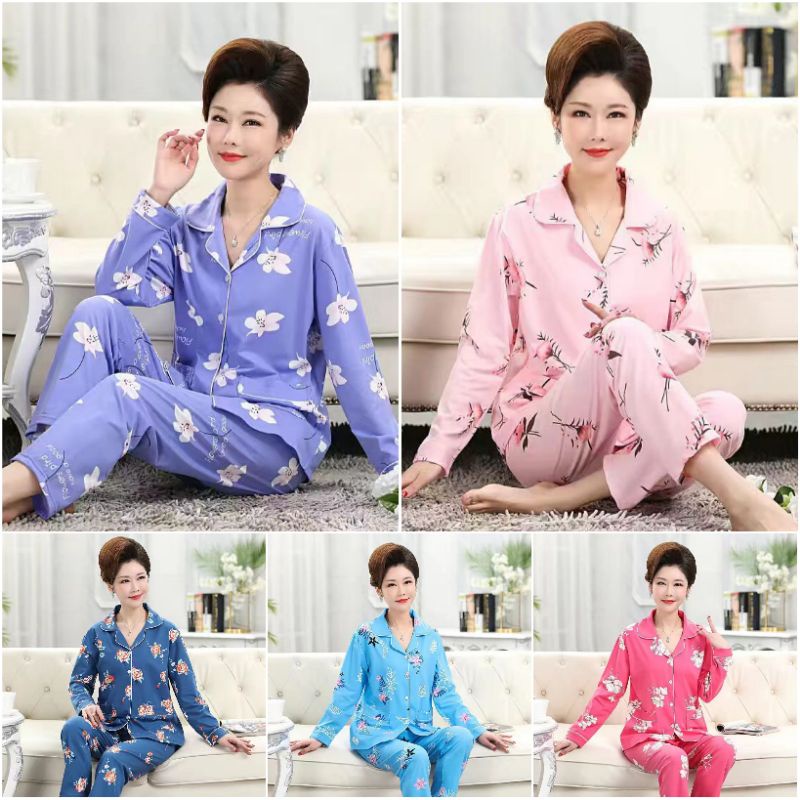 BAJU TIDUR PIYAMA WANITA STELAN PANJANG KANCING IMPORT