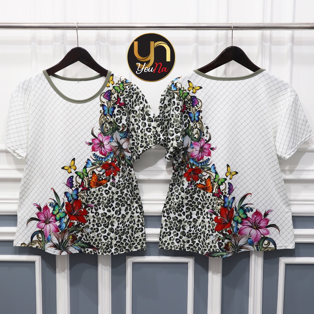 Atasan Kaos Wanita Gambar Bunga Motif Leopard