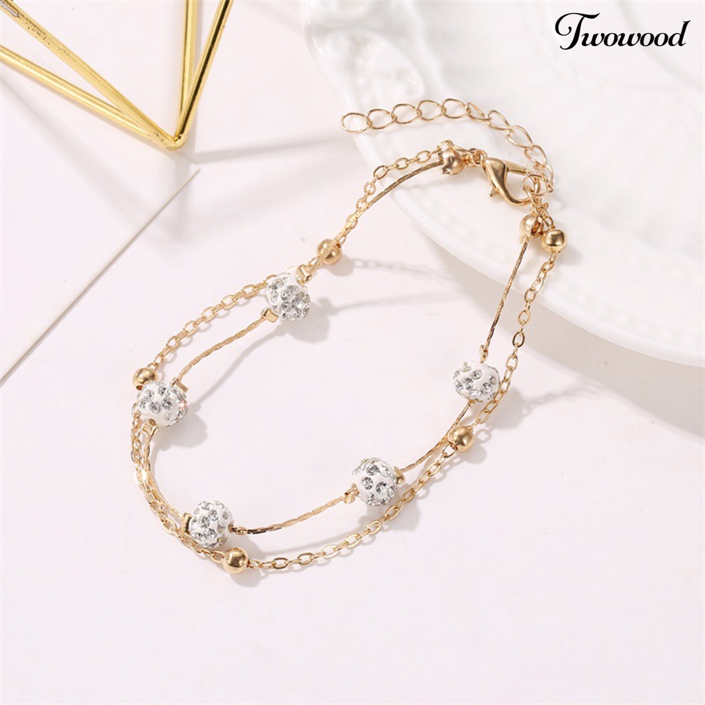 Gelang Kaki Rantai Manik-Manik Berlian Imitasi Double Layer Adjustable Bahan Alloy Untuk Wanita