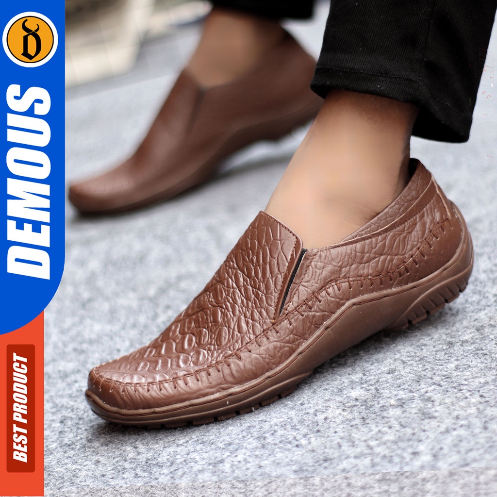 Sepatu Slip On Pria Sepatu Casual Pria Formal Kulit Asli Sepatu Pantofel Kerja Kantor Kuliah Kondangan Sepatu Slop Pria Sepatu Hitam Pria DEMOUS CROCO