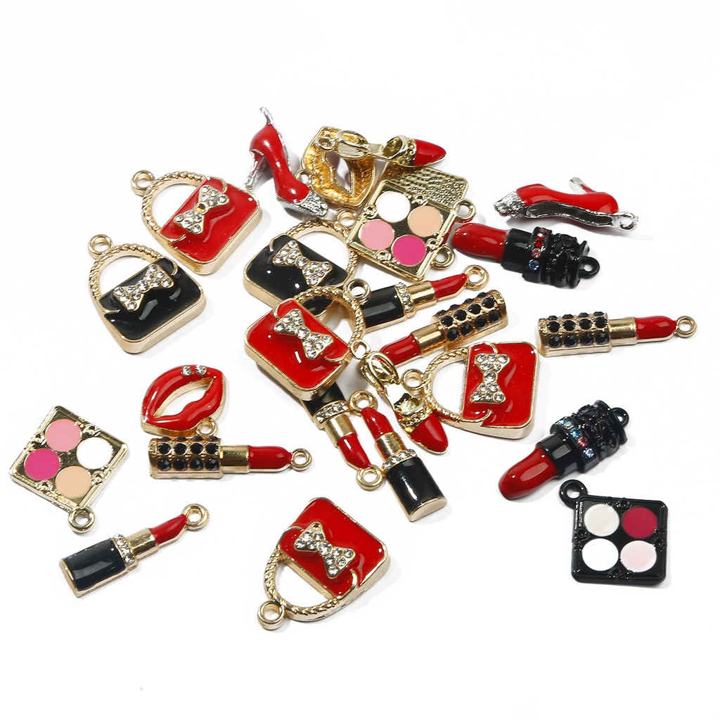 2-4 Pcs Enamel Makeup Charms Mixed Women Lip Lipstick Alloy Gold Tone Necklace Bracelet Jewelry Making Accessory