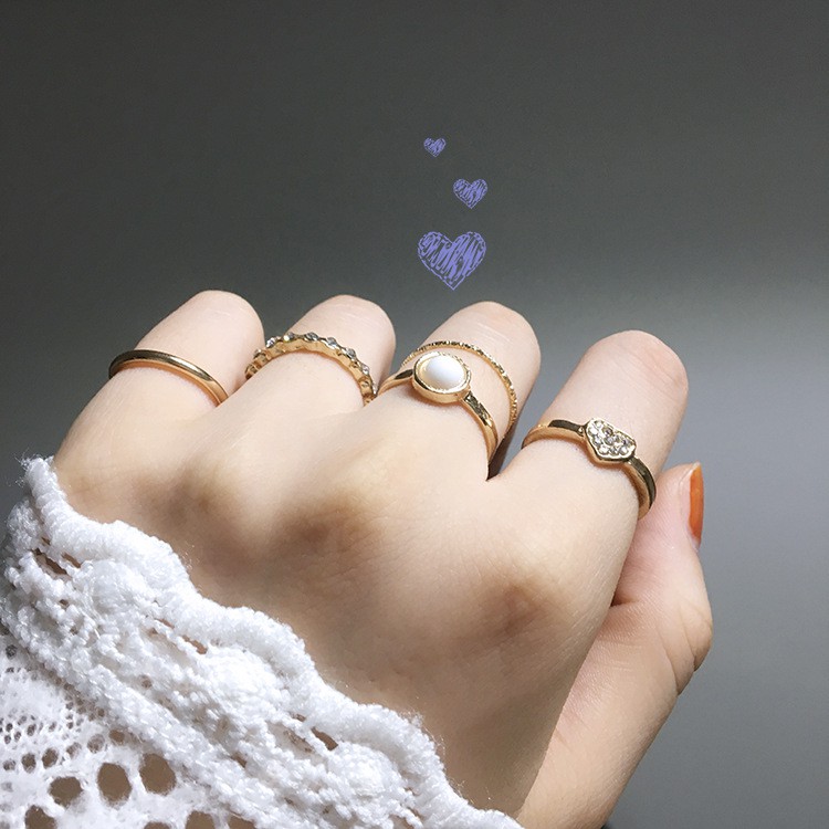 5PCS/SET Cincin Wanita Korea tren mutiara hati ring