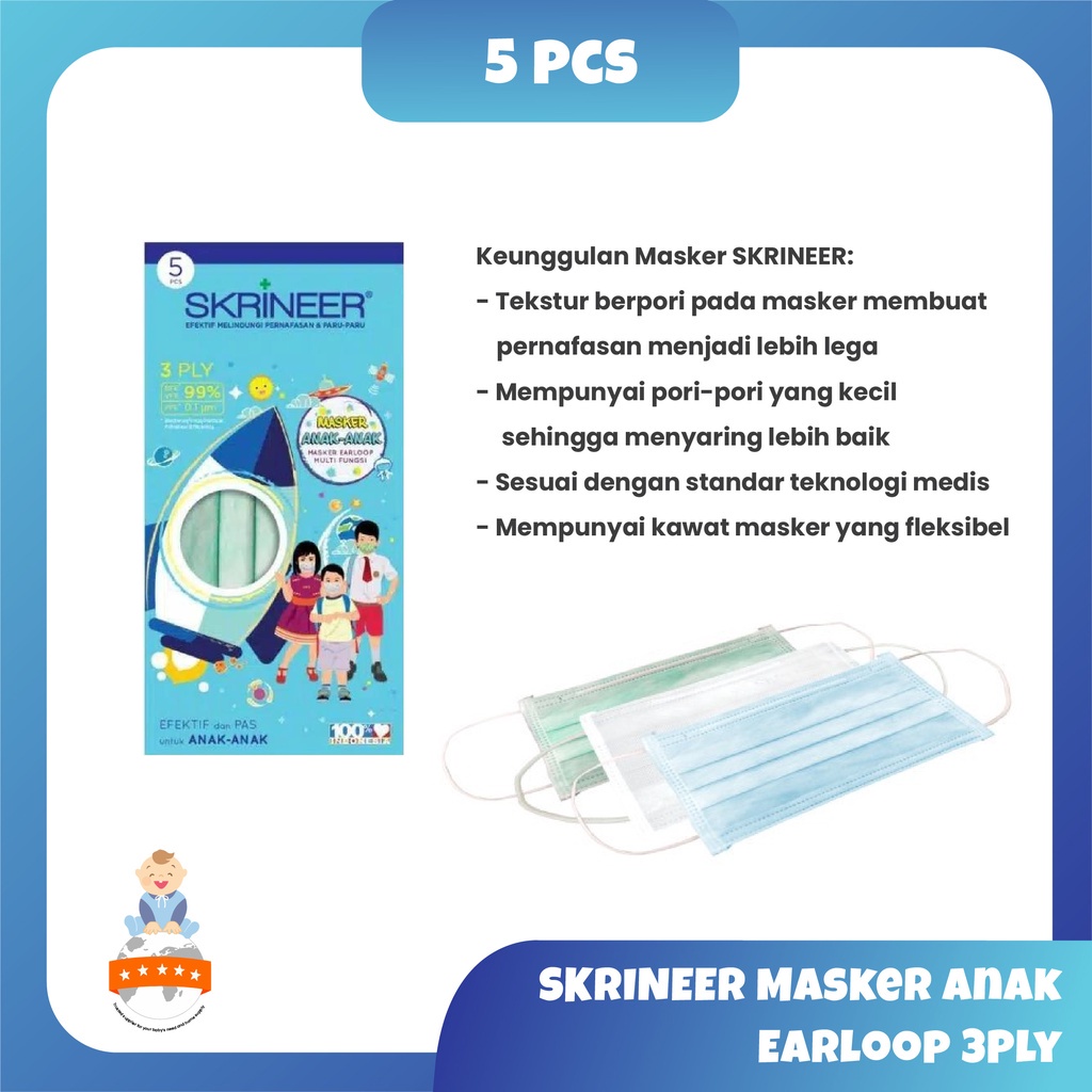 Maker Medis Anak SKRINEER/Masker Anak Earloop 3Ply Isi 5Pcs