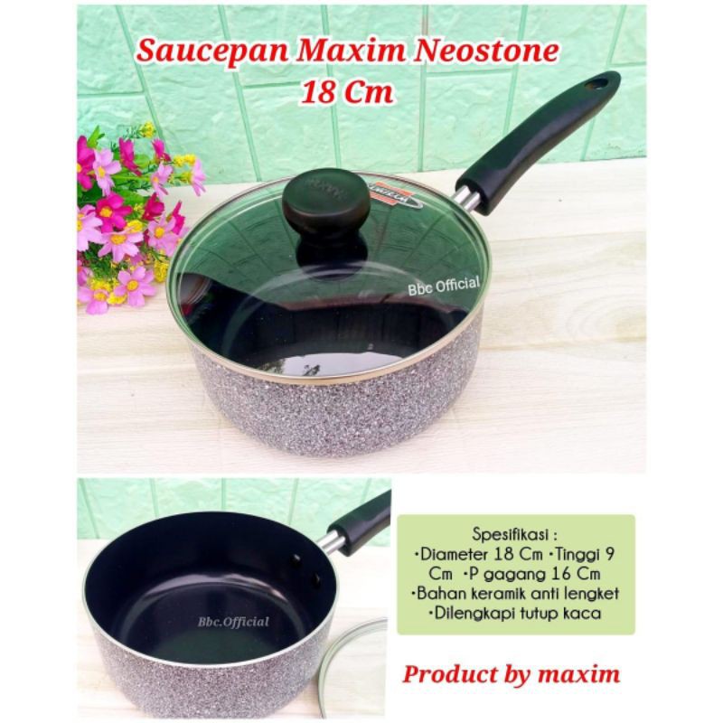 Maxim Neostone Saucepan 18 Cm + TUTUP KACA Panci Susu Bahan Keramik Murah Saucepan Serbaguna Grosir