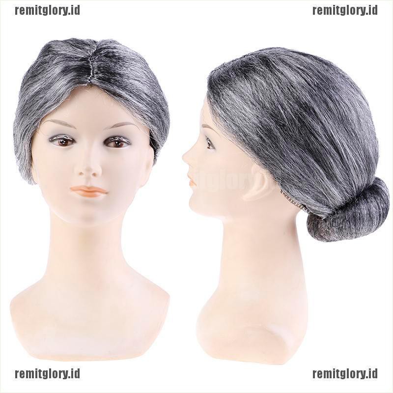 Cod Remitg Old Lady Grandma Granny Grey Wig Bun Hair Grand Mother