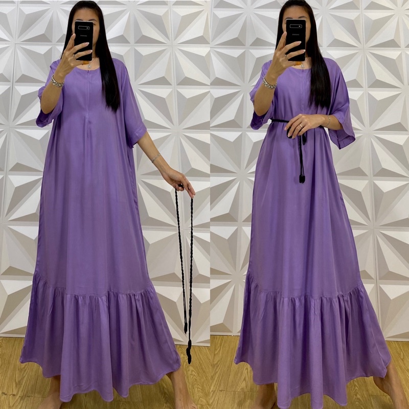 daster MONA tangan 3/4 PB 130cm /daster panjang rempel tangan 3/4  JUMBO premium sleting /busui/rempel tangan 3/4/ tangan pendek/ tali grosir ecer SEMATA KAKI RAYON-lilac