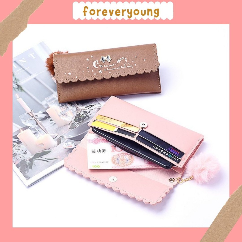 (Fy)DOMPET PANJANG WANITA FREE POM-POM WOMEN WALLET KOREAN STYLE TERLARIS MURAH