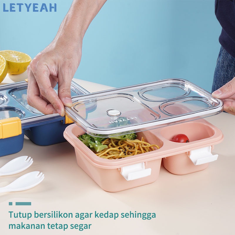 letyeah Kotak Makan 3 grid /tempat bekal makan anti tumpah dan sendok