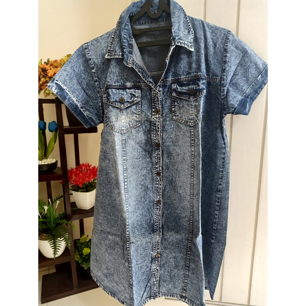 Denim Dress Selutut Lengan Pendek