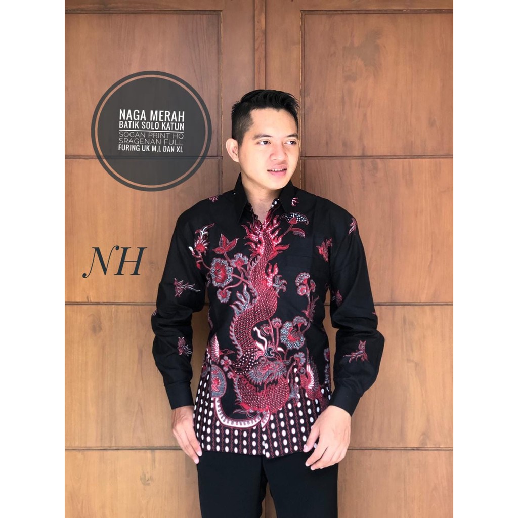 Batik Solo NAGA MERAH PANJANG Kemeja Pria Katun Halus Sragenan Full Furing