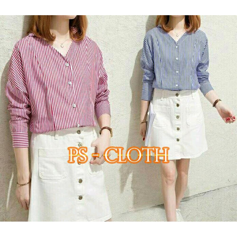 Hot Sq Vneck Salur  Kemeja Wanita Kerja Katun Stripe Garis Biru Pink Cewek Gaul Wanita Murah Simple