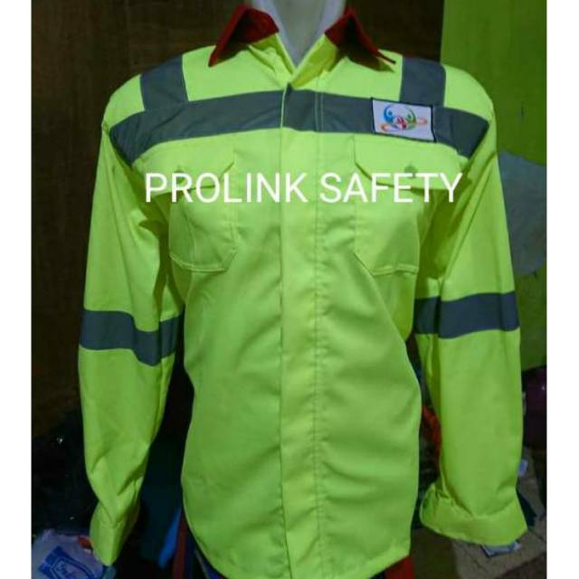 SERAGAM BAJU SAFETY STABILO KOMBINASI MERAH KANCING KAIN DRILL