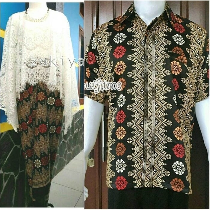 SB Collection Couple Stelan Kebaya Bianca Brukat Jumbo Rok Lilit Dan Kemeja Batik Pria