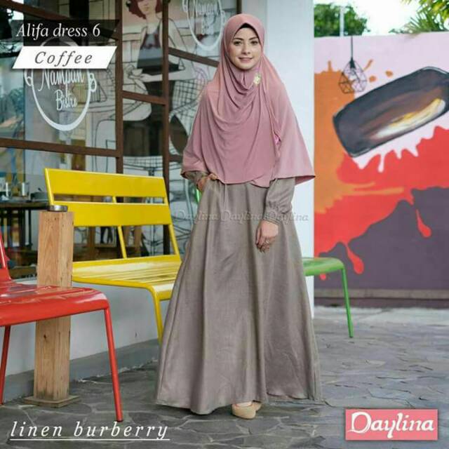 ALIFA DRESS COFFE DAYLINA - GAMIS SYARI MUSLIMAH TERBARU BRANDED POLOS LINEN BURBERRY ADEM NYAMAN