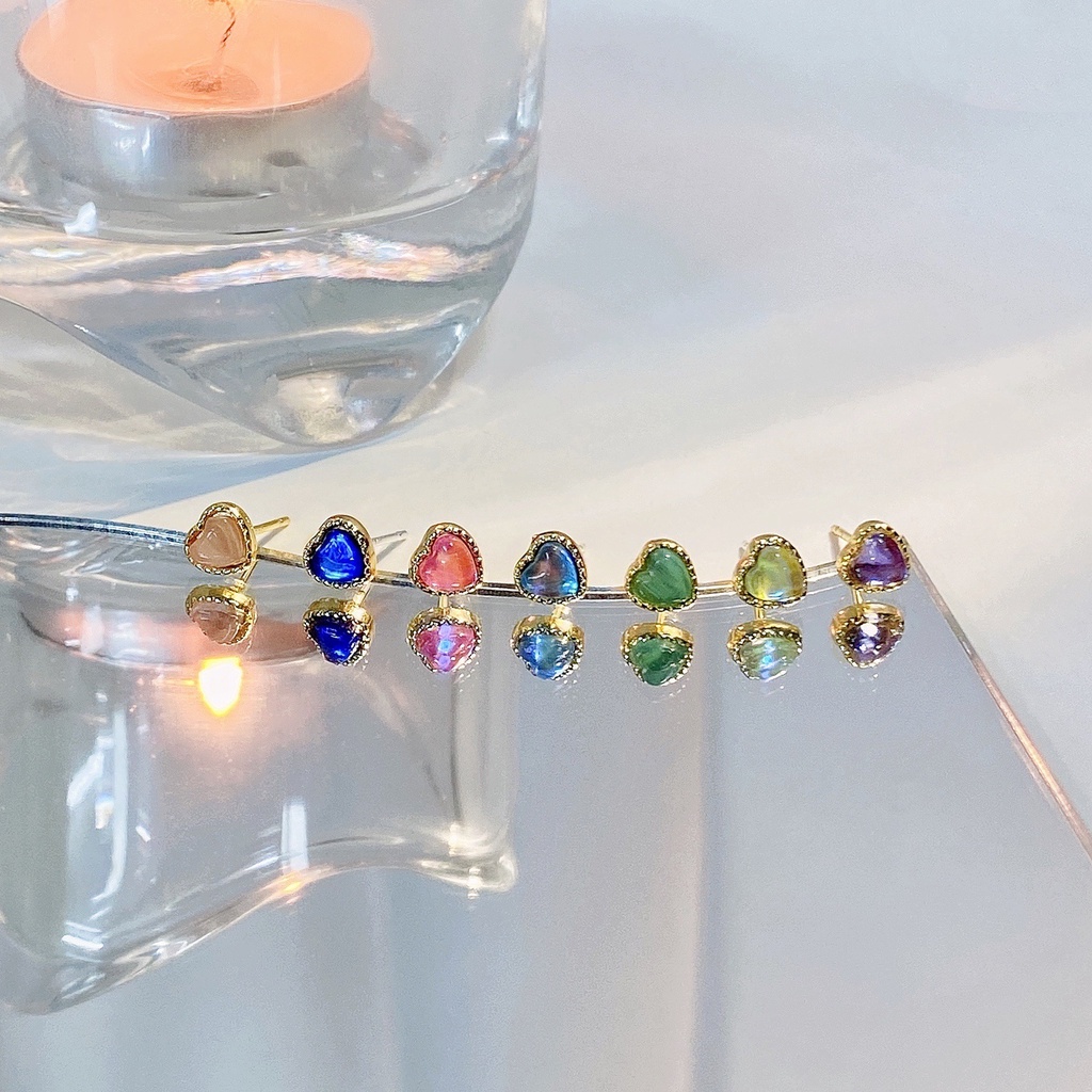 Anting Silver Needle Bentuk Hati Opal Warna-Warni Gaya Korea Untuk Wanita