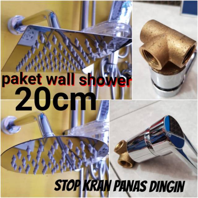 Paket shower tanam stainless 8in 20cm + stop kran panas dingin kuningan PROMO TERMURAH