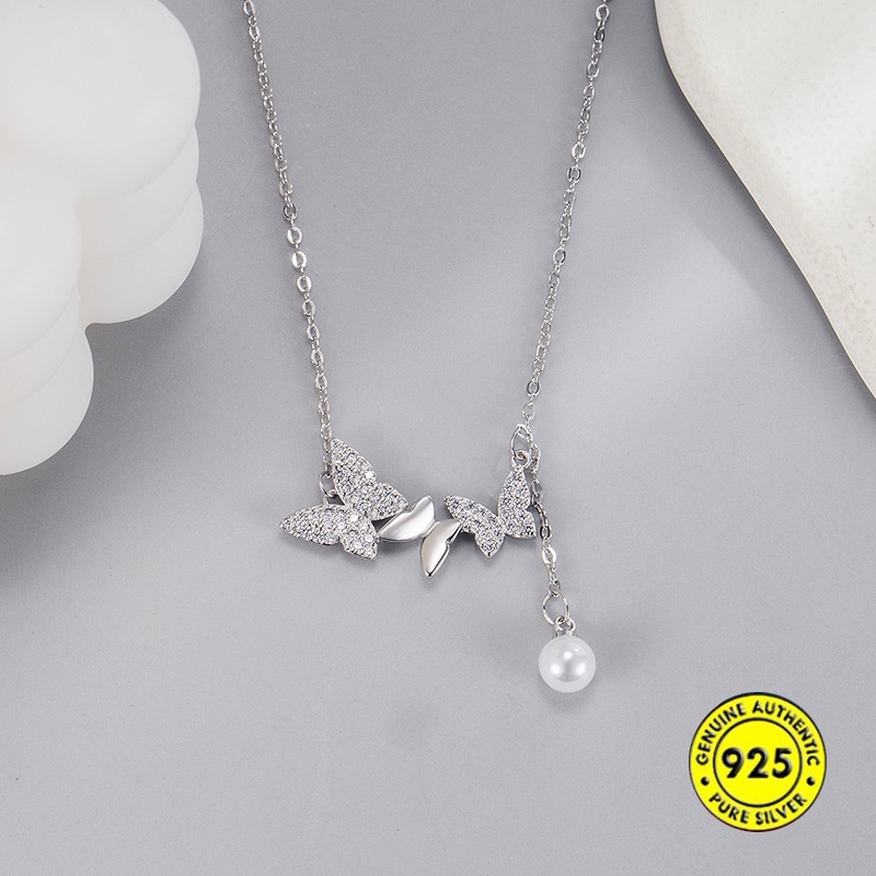 Kalung Rantai Sterling Silver 925 Dengan Liontin Kupu-Kupu + Mutiara + Berlian Untuk Wanita