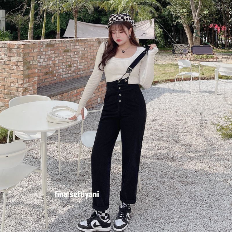 Overall Wanita Hitam Sendok Highwaist