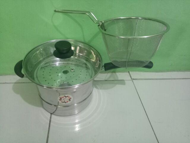 Deep Fryer Pan 3 In 1 Stainless Steel Pot Rebus - Panci Goreng - Wajan Kukus 22 Cm