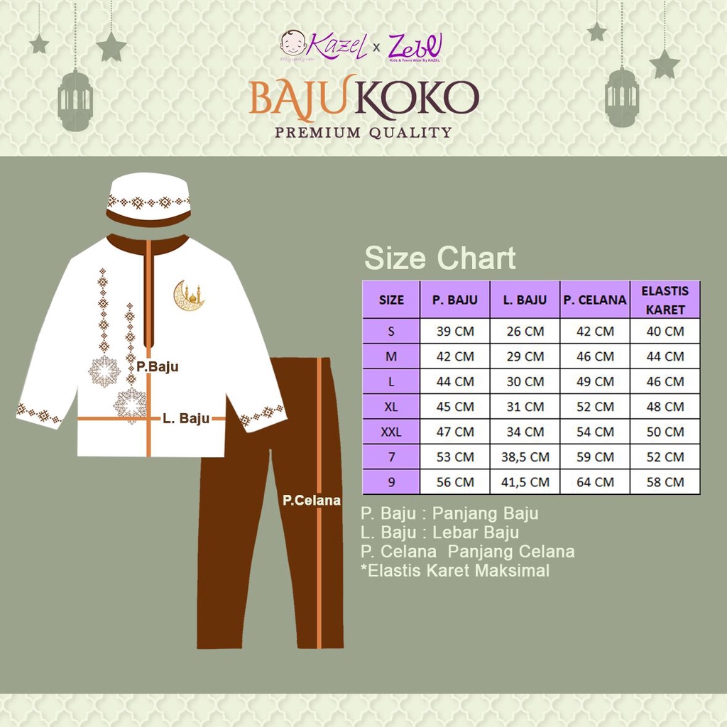 Kazel Koko Setelan Panjang + topi Set / Pakaian Muslim Anak Laki-Laki