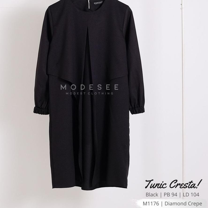 Modesee Atasan Tunik Hitam Polos Wanita Muslim Cresta Bahan Diamond M1176 Tunic, Atasan Hitam