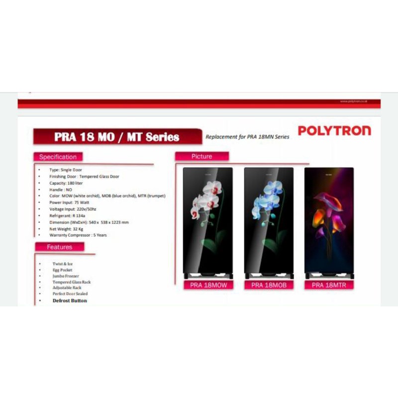 Lemari Es / Kulkas Polytron 1 Pintu PRA-18 MO / MT