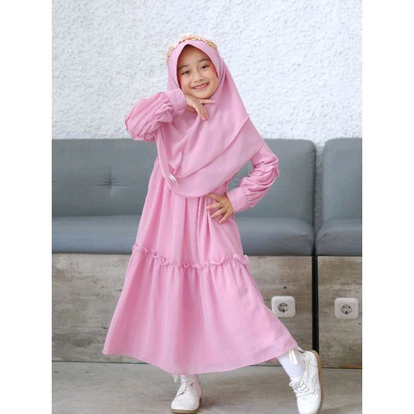 Baju Gamis Dress Muslim Anak Perempuan Set Hijab Syari Ceruty Babydoll Terbaru Kekinian