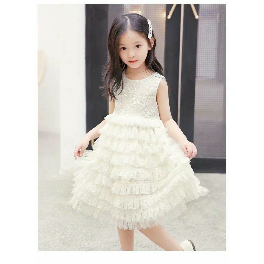 DRESS ANAK PUTIH IMPORT MURAH BROKAT TILE RUFFLE WHITE