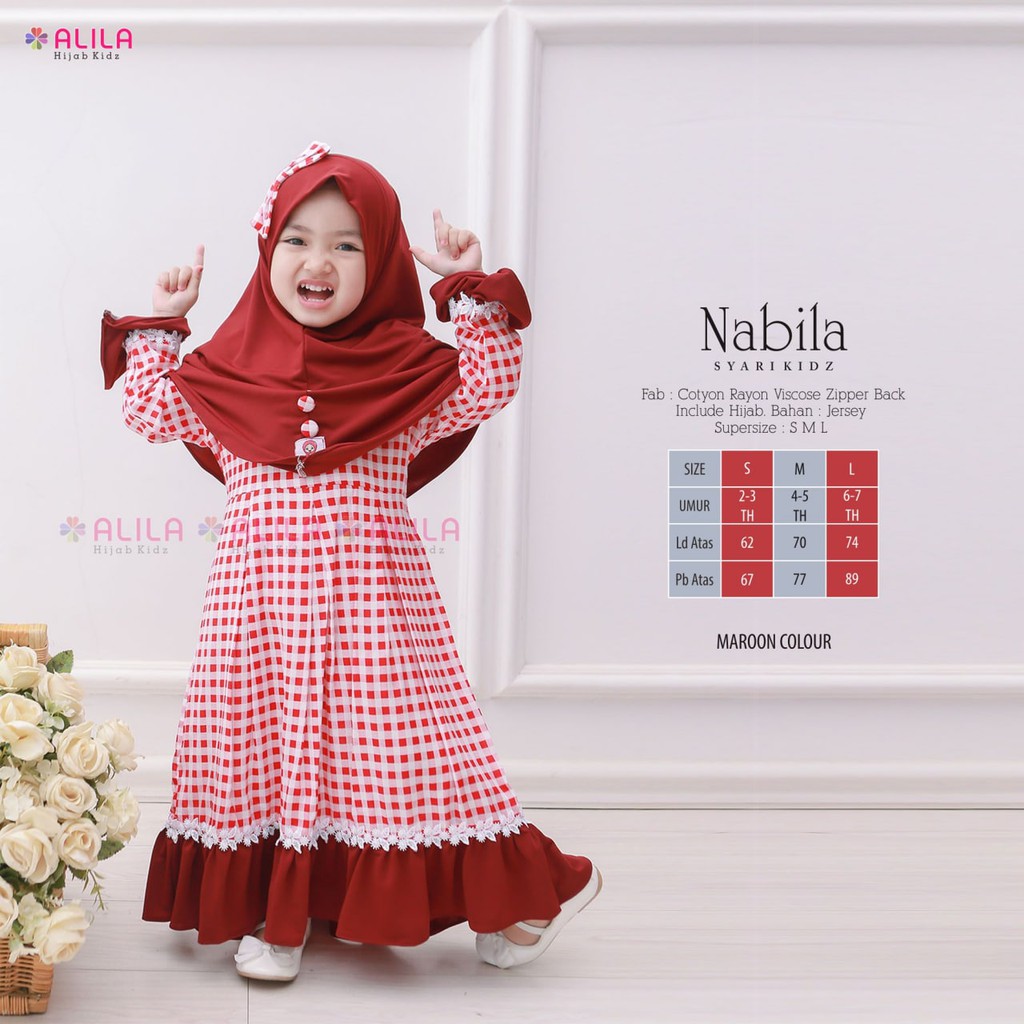DRESS muslim NABILA kids by alila COTYON VISCOSE super gemes simpel motif kotak-kotak FREE HIJAB