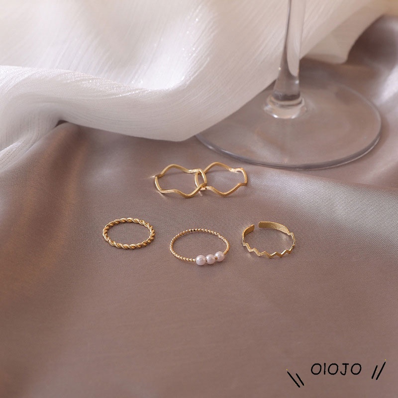 【COD】5pcs / Set Cincin Mutiara Geometris Gaya Korea Untuk Aksesoris Wanita