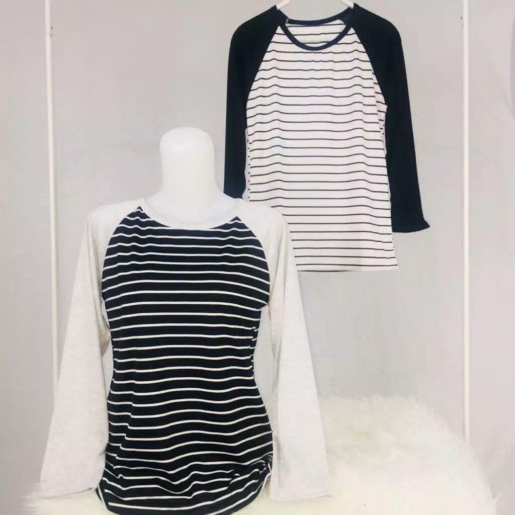 Baju Kaos Wanita Reglan Salur Tshirt Tangan 7/8 Distro Allsize Murah Kekinian Bahan Kaos Lilipop