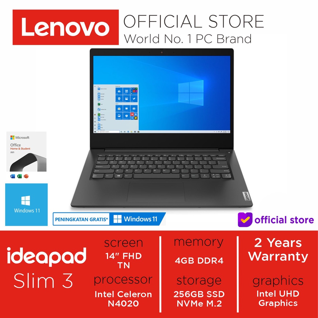 Lenovo Ideapad 3i - 14IGL05 -  7BID (Blue) / 7CID (Black) / 7DID (Platinum Grey) - N4020 |4GB DDR4|256GB SSD|Win 11 + OHS 2021 - HD-0
