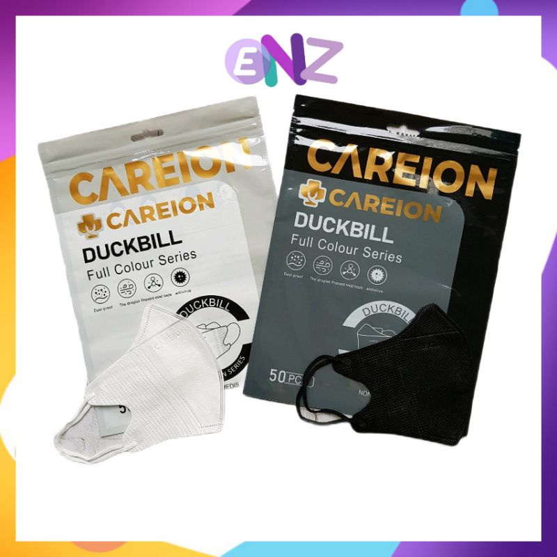 ENZ ® Masker Duckbill CAREION 3Ply isi 50Pcs Putih Hitam Warna Duckbill Earloop Mask Kemenkes 1076