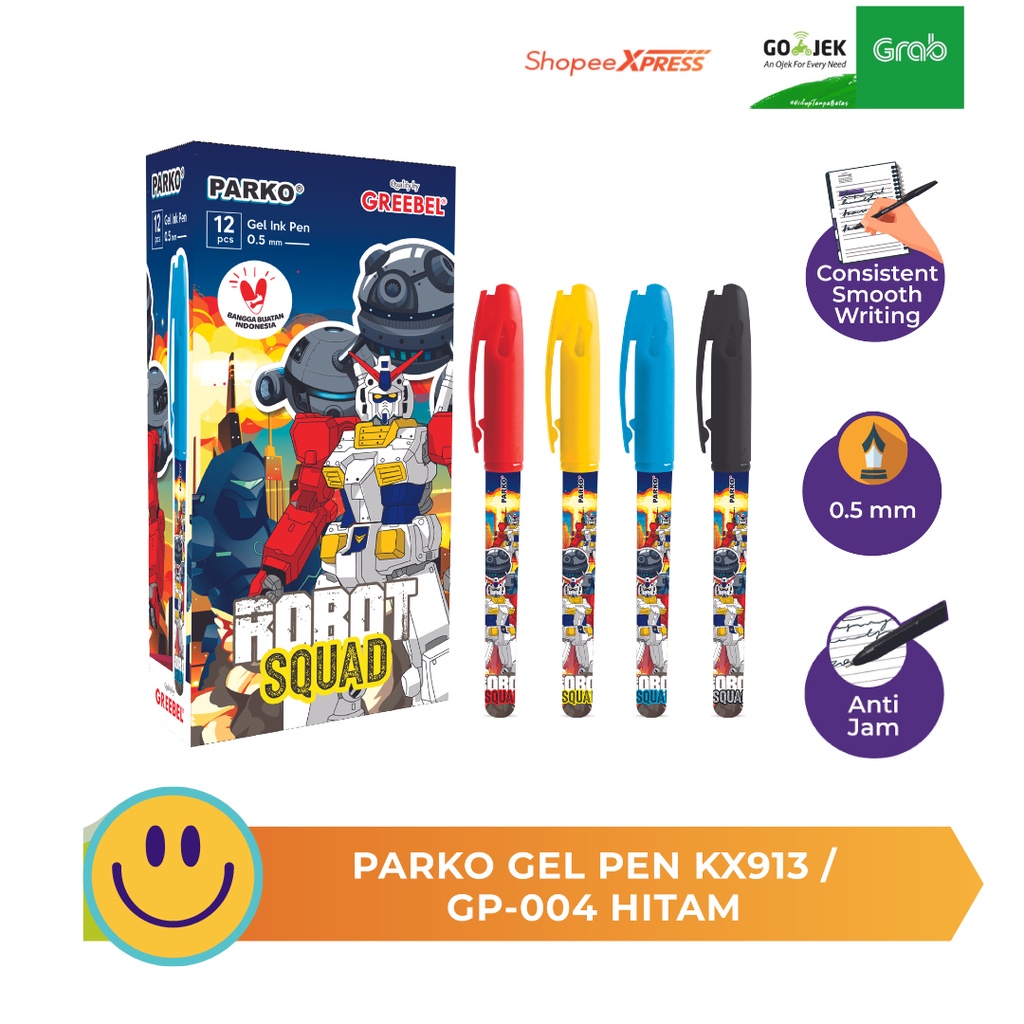 

Parko Pulpen Anak Gel Pen Hitam 0.5 Gambar Robot Squad Jual Satuan dan 1 PACK 12 PCS (grosir) Bisa Pilih Warna Tutup Pen : Hitam, Biru, Kuning, Merah