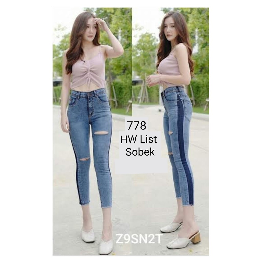 ( Bisa COD ) MC girl - Celana Jeans Premium Highwaist List Sobek 7/9 / Celana Pinggang Tinggi Ripped