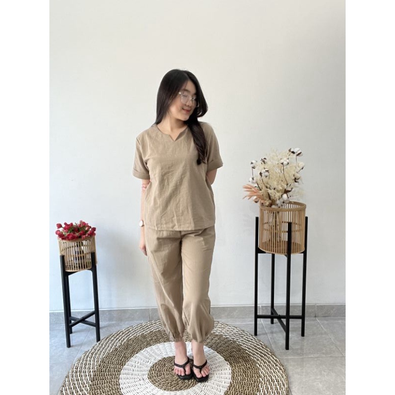 Set linen Vneck jogger | Set linen jogger 7/8 onesize