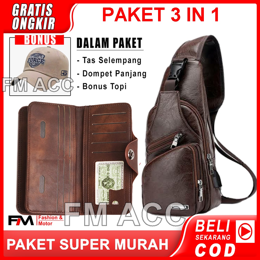 PAKET 3 IN 1-Tas Waistbag Tas Selempang Pria+Dompet Panjang Kulit Pria+Topi Baseball/Snapback